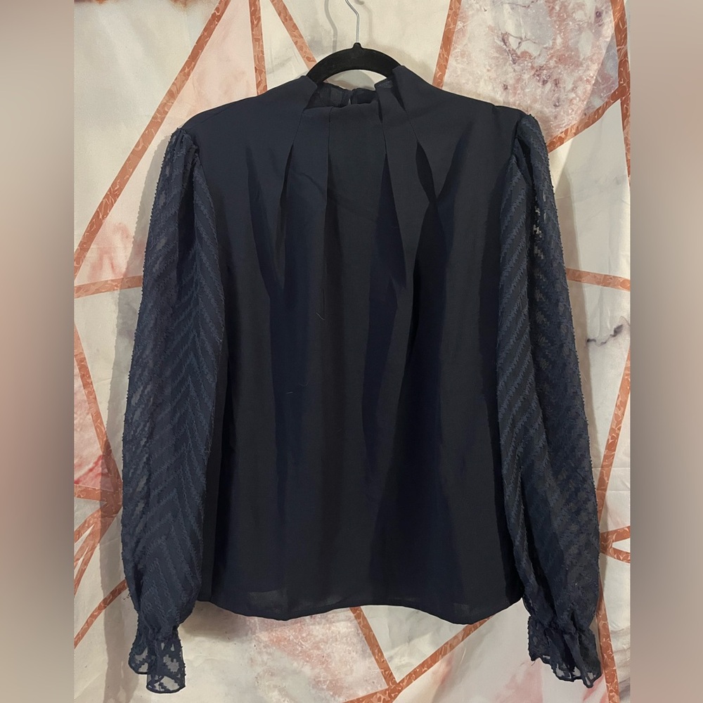 SHEIN Navy Blouse with Sheer Sleeves - Picture 7 of 9